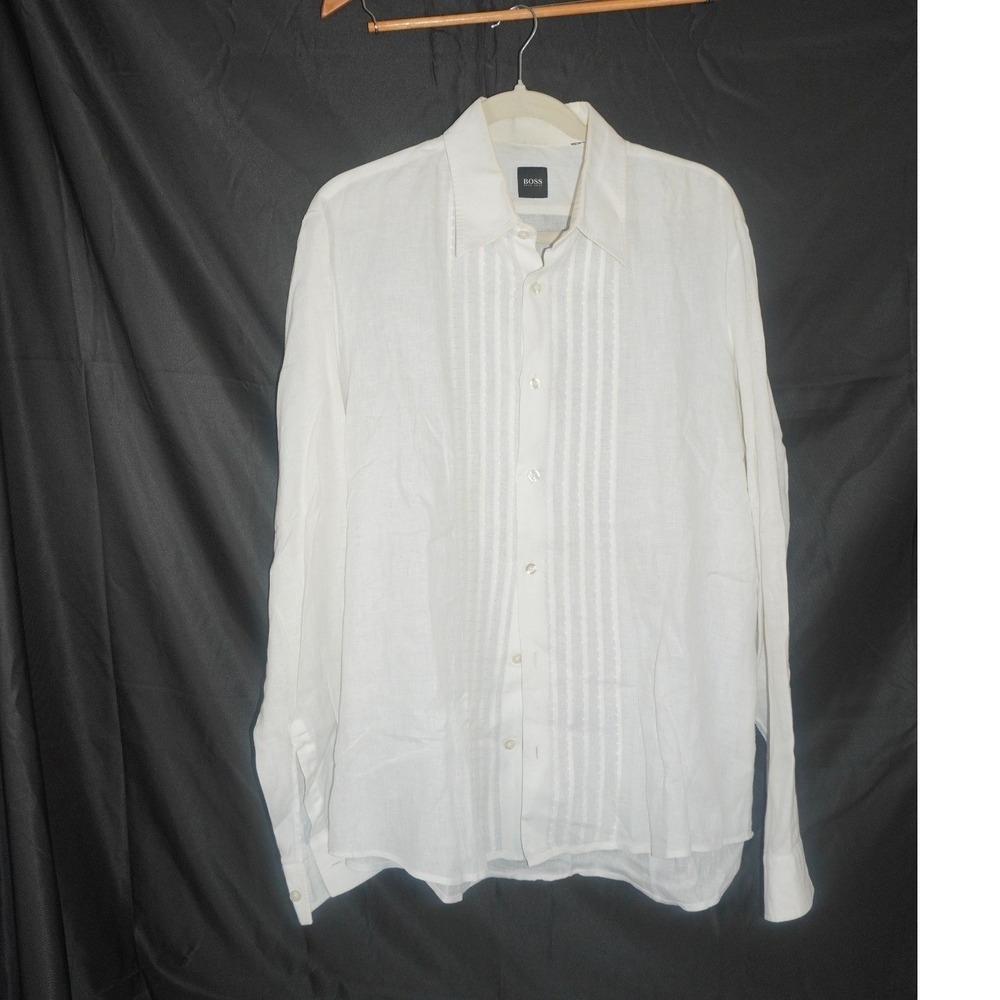 Hugo Boss Mens White 100% Linen Pleated Front Bib Long Sleeve Button Down Shirt